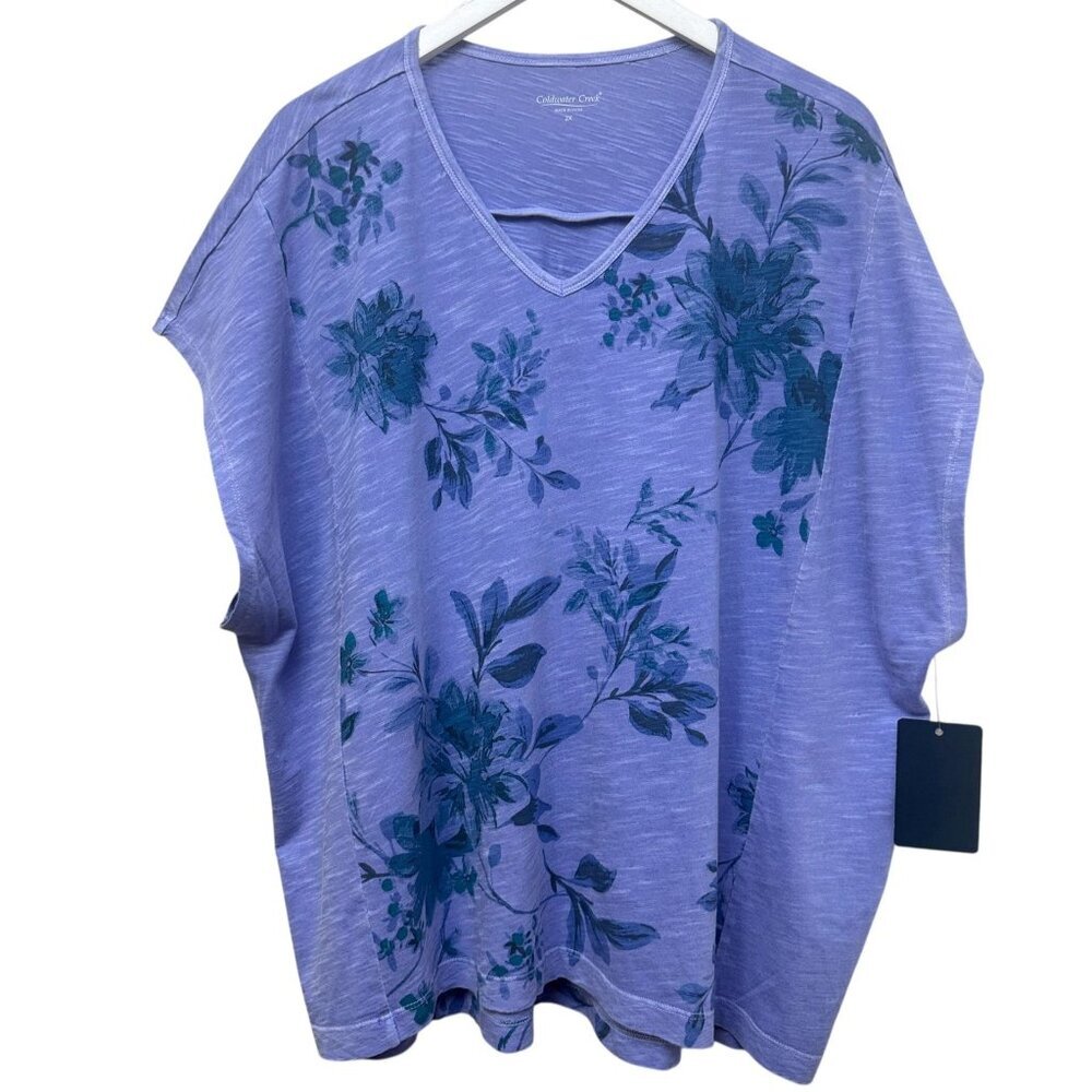 COLDWATER CREEK Periwinkle Blue Floral Tee Plus Size 2X Short Sleeve Top NWT